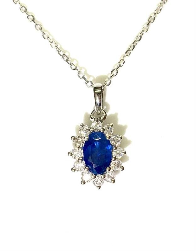 New 18ct White Gold Sapphire & Diamond Cluster Pendant