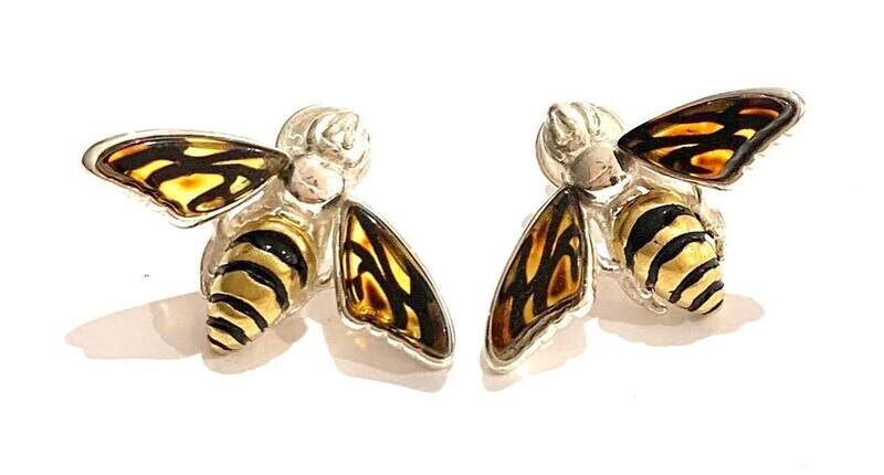 Silver Amber Bee Stud Earrings