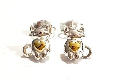 Silver and Gold Plated Cat Stud Earrings