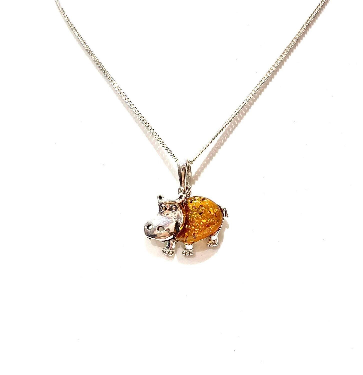 Silver Amber Hippo Pendant