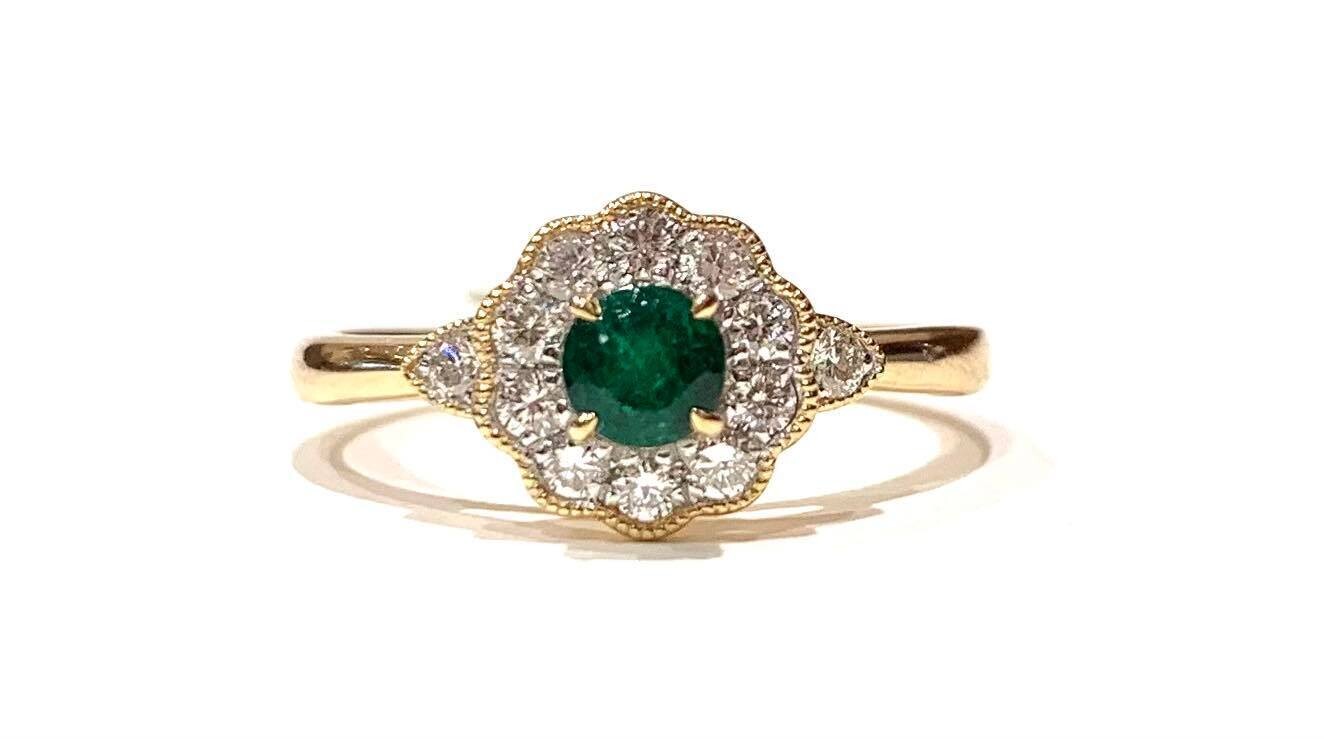 9ct Yellow Gold Emerald and Diamond Ring, UK Size M
