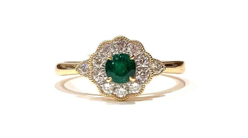 9ct Yellow Gold Emerald and Diamond Ring, UK Size M