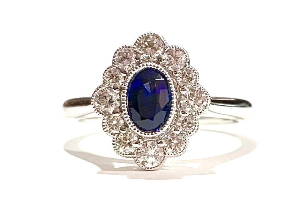 New 18ct White Gold Sapphire & Diamond Ring, UK Size M 1/2
