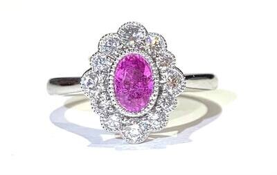 New Platinum Pink Sapphire & Diamond Ring, UK Size N