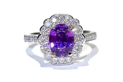 *AVAILABLE IN STORE* Platinum Purple Sapphire & Diamond Cluster Ring, UK Size N