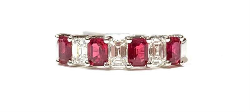 18ct White Gold Ruby & Diamond Half Hoop, UK Size N