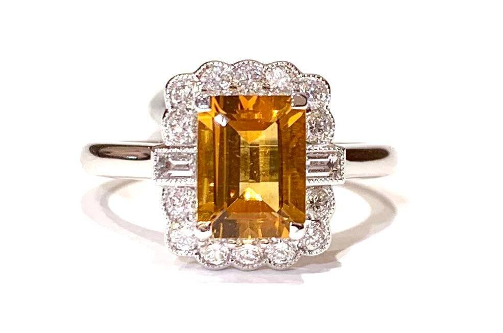 New 18ct White Gold Citrine & Diamond Cluster Ring, UK Size N