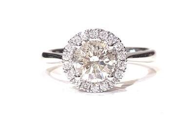 New 18ct White Gold Diamond Halo Cluster Ring, UK Size N