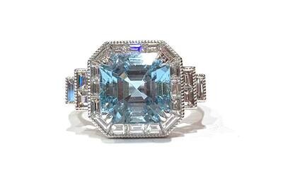 *AVAILABLE IN STORE* 18ct White Gold Aquamarine and Diamond Ring, UK Size N