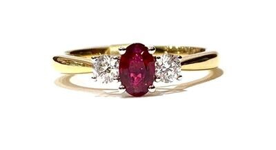 18ct Yellow Gold Ruby and Diamond Three Stone Ring, UK Size N
