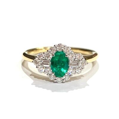 New 18ct Yellow Gold Emerald & Diamond Cluster Ring, UK Size N