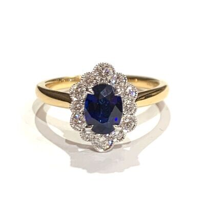New 18ct Yellow Gold Sapphire & Diamond Cluster Ring, UK Size M