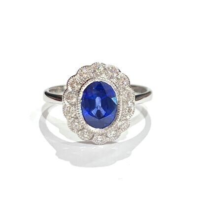 New 18ct White Gold Sapphire & Diamond Oval Cluster Ring, UK Size N