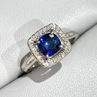 New 18ct White Gold Sapphire & Diamond Halo Cluster Ring, UK Size K