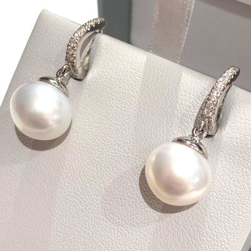 18ct White Gold South Sea Pearl and Diamond Drop Earrings