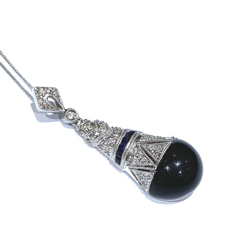 18ct White Gold Black Onyx, Sapphire and Diamond Pendant