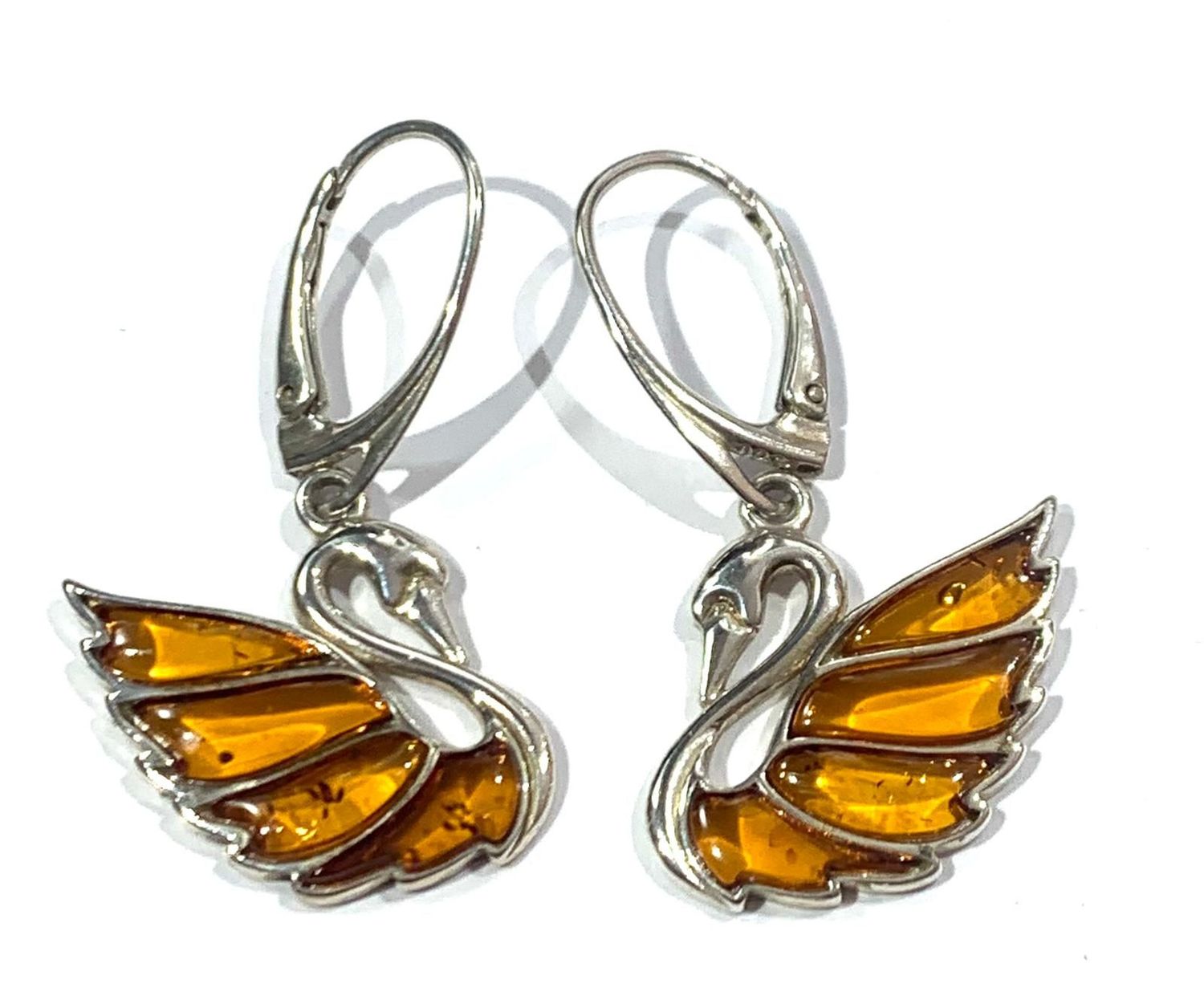 Silver Amber Swan Earrings