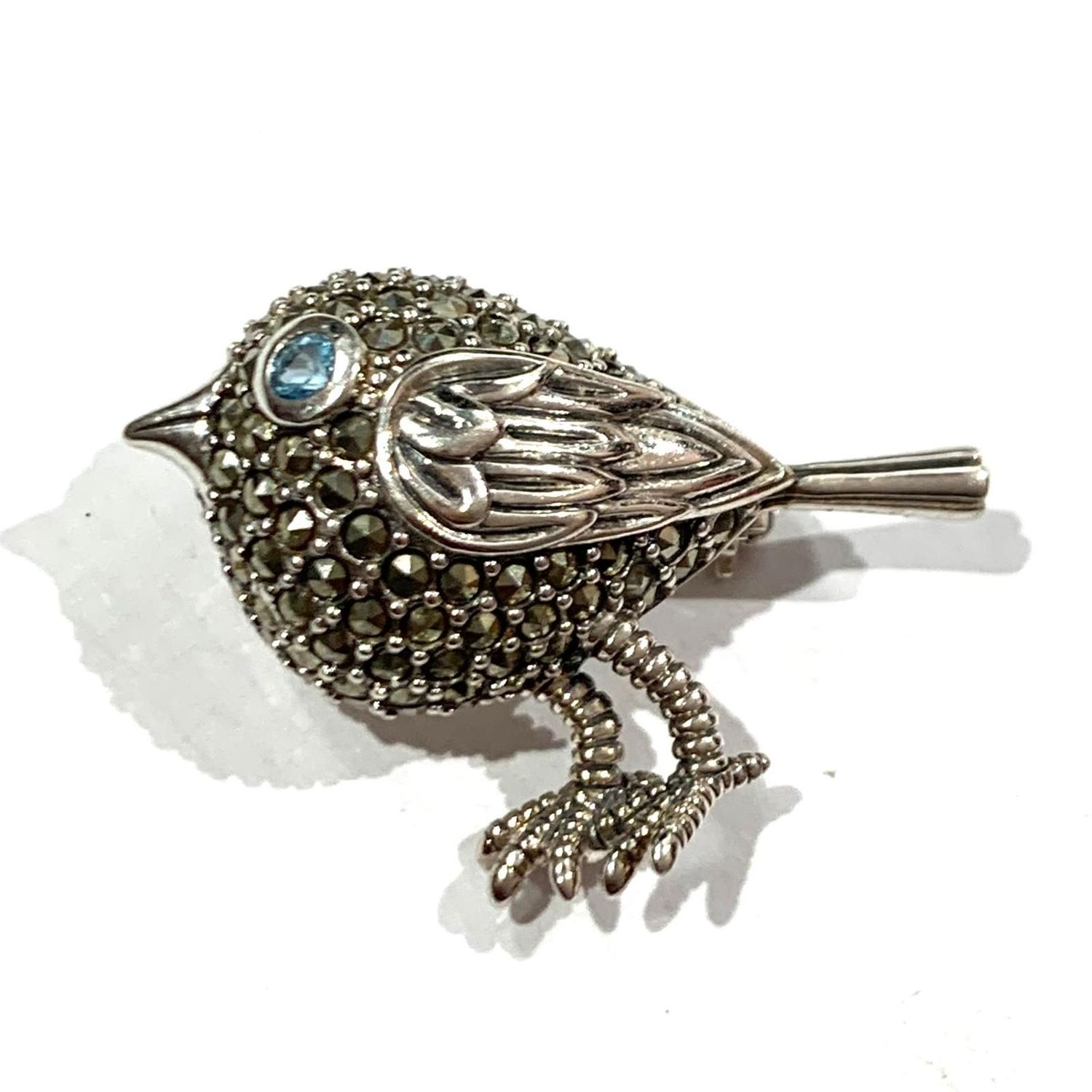 New Silver Marcasite and Blue Topaz Bird Brooch
