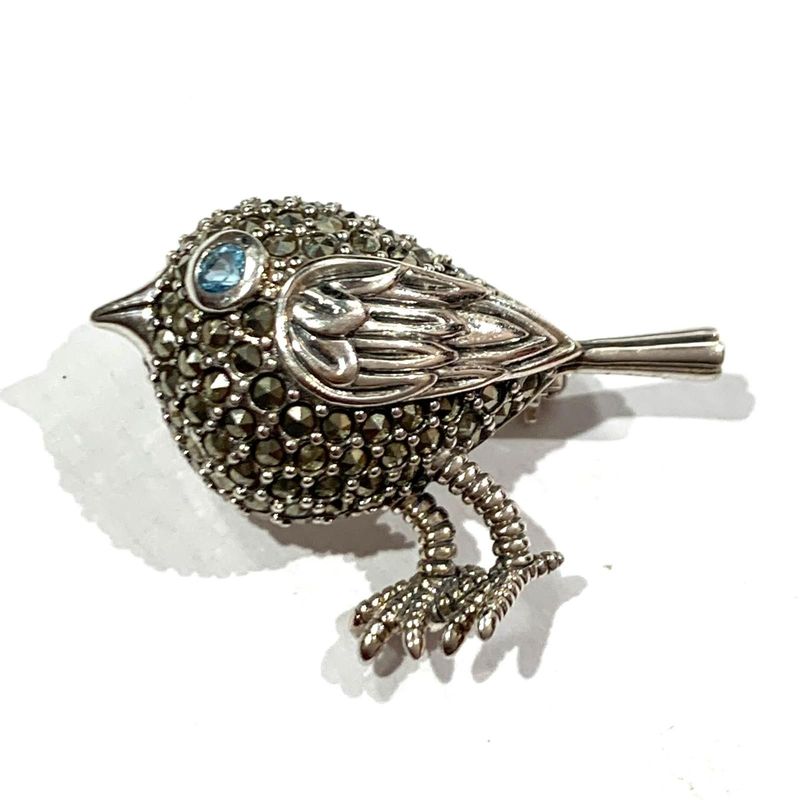 New Silver Marcasite and Blue Topaz Bird Brooch