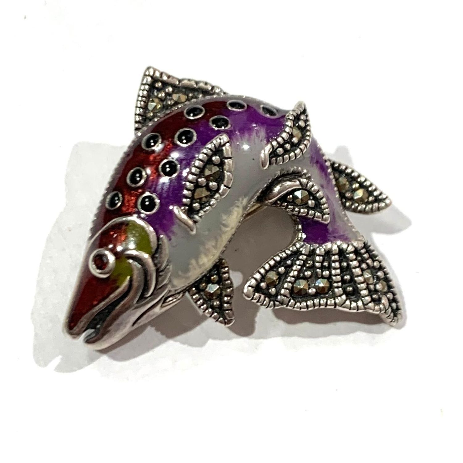 New Silver Marcasite and Enamel Fish Brooch