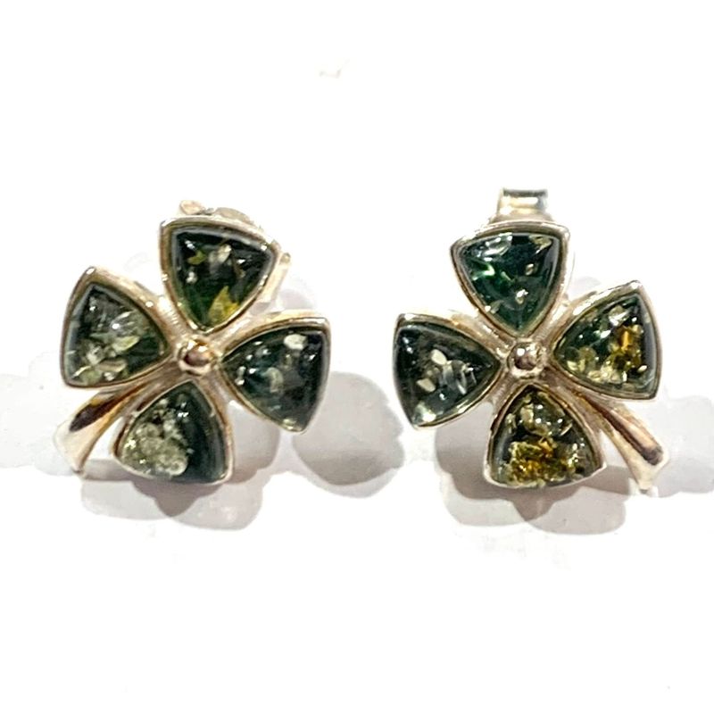 Silver Green Amber Four leaf clover stud Earrings