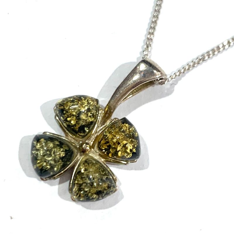 Silver green amber four leaf clover pendant