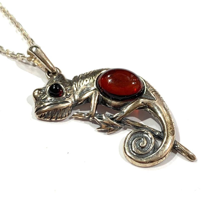 Silver Red Amber Lizard Pendant