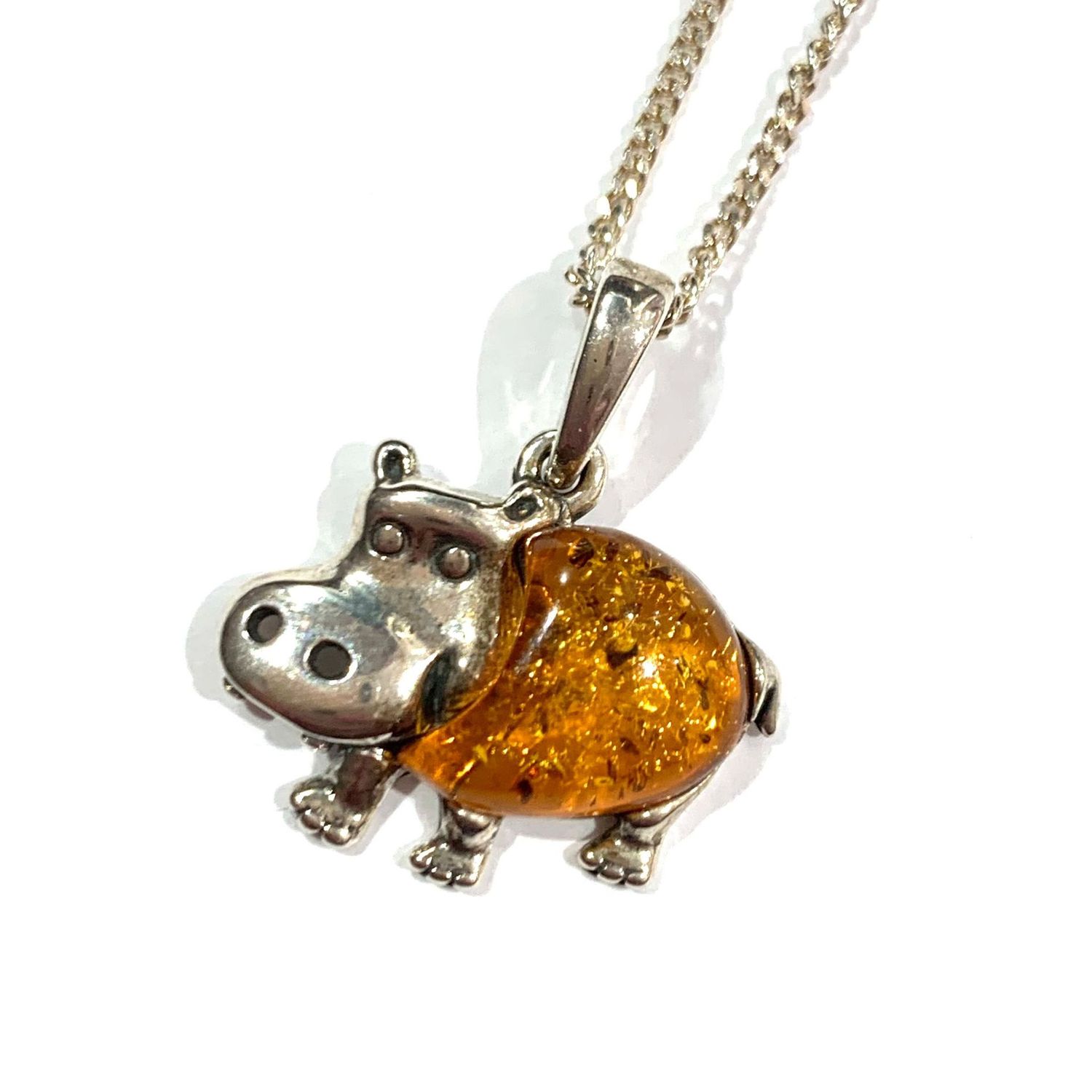 Silver Amber Hippo Pendant