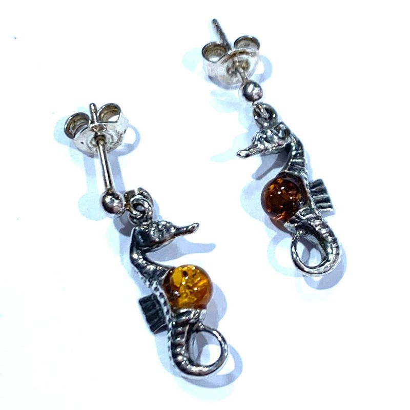 Silver Amber Sea Horse Earrings