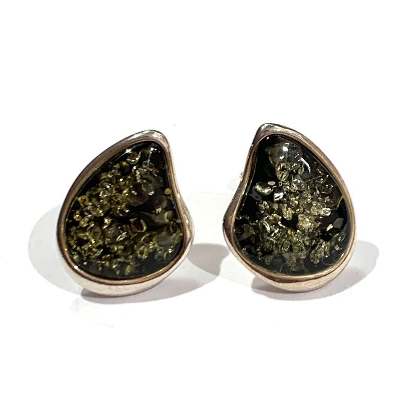 Silver Green Amber Stud Earrings