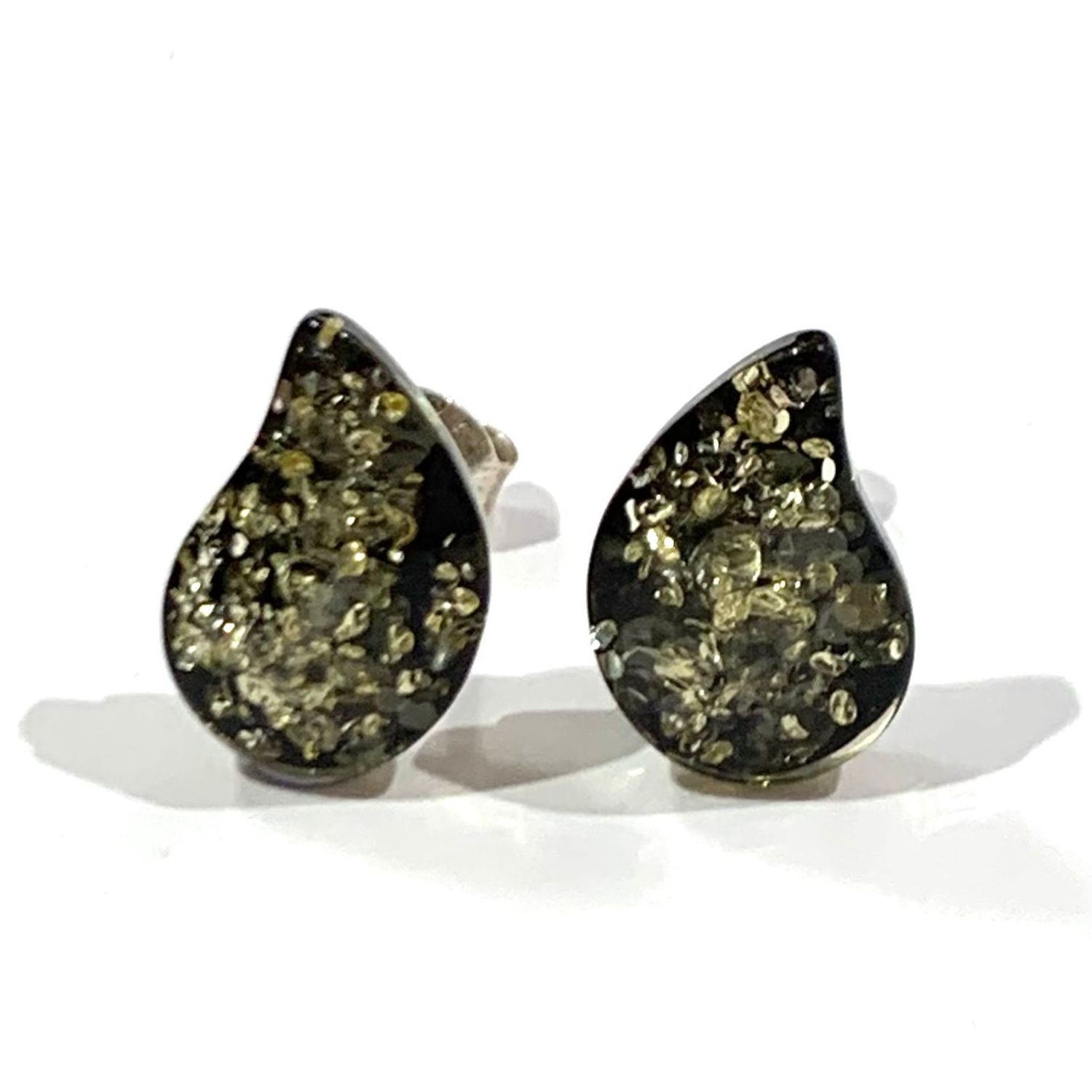 Silver Green Amber Stud Earrings