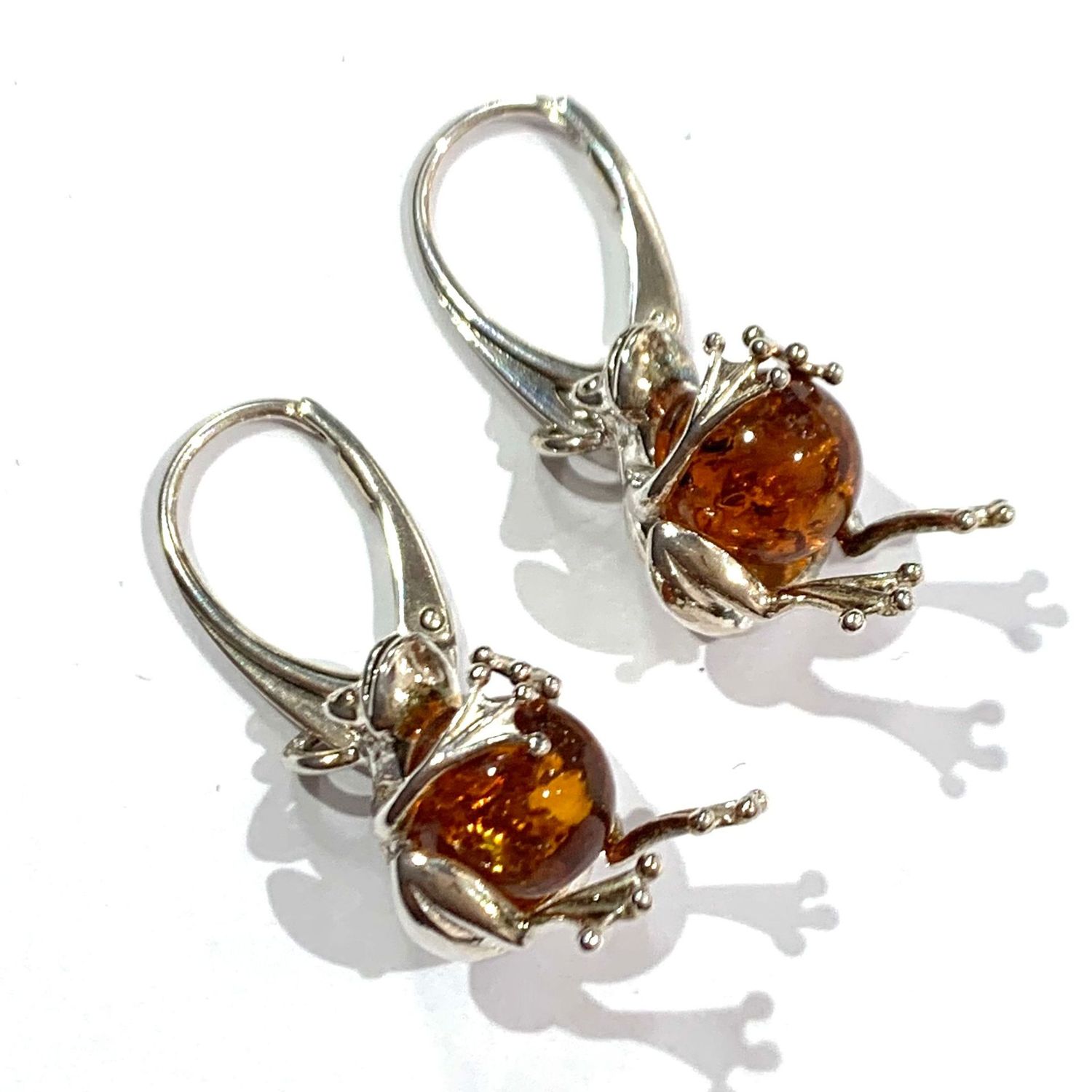 Silver Amber Frog Drop Earrings