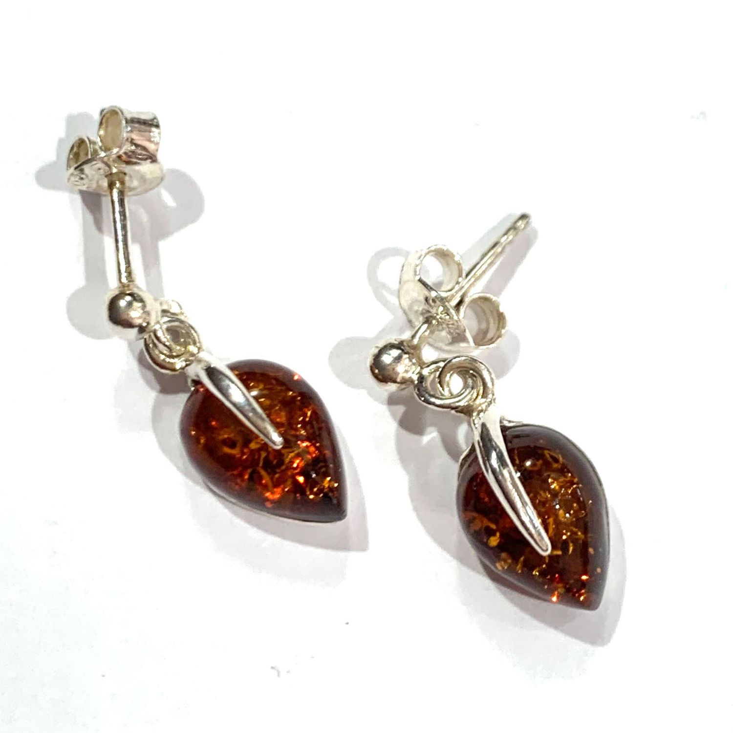 Silver Amber Drop Stud Earrings