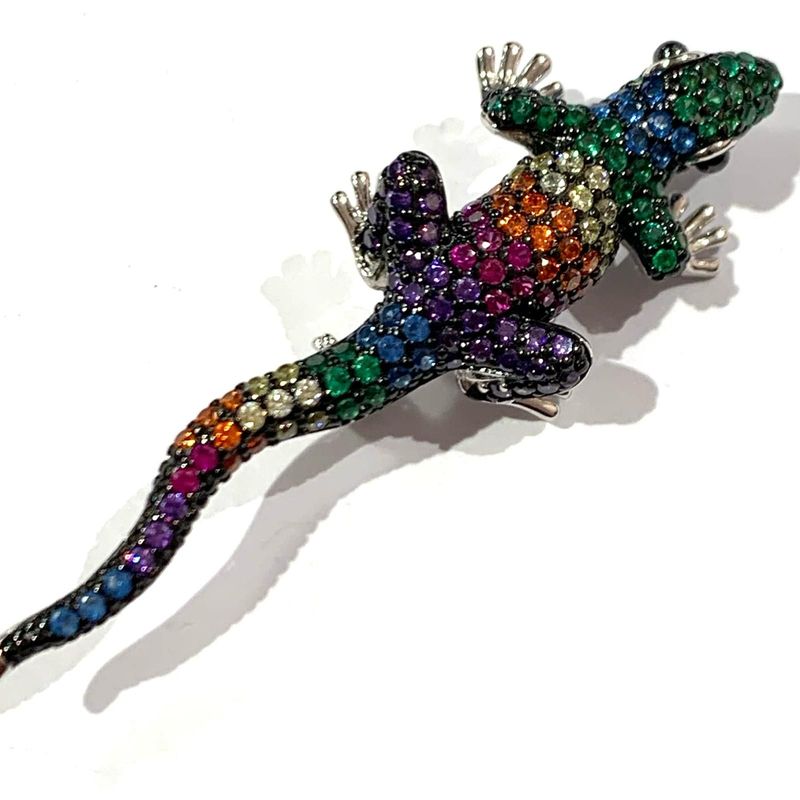 Silver Multicoloured CZ Lizard Brooch / Pendant