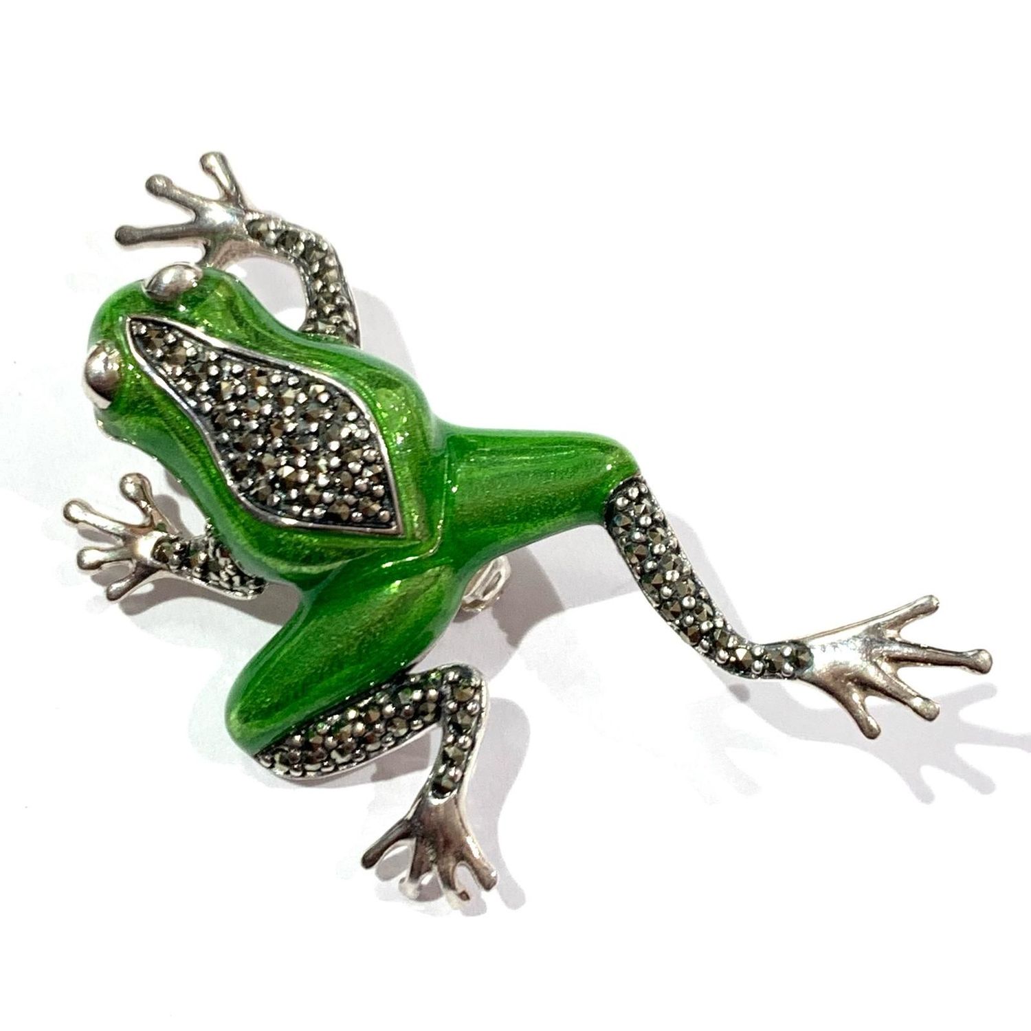 New Silver Marcasite and Enamel Frog Brooch