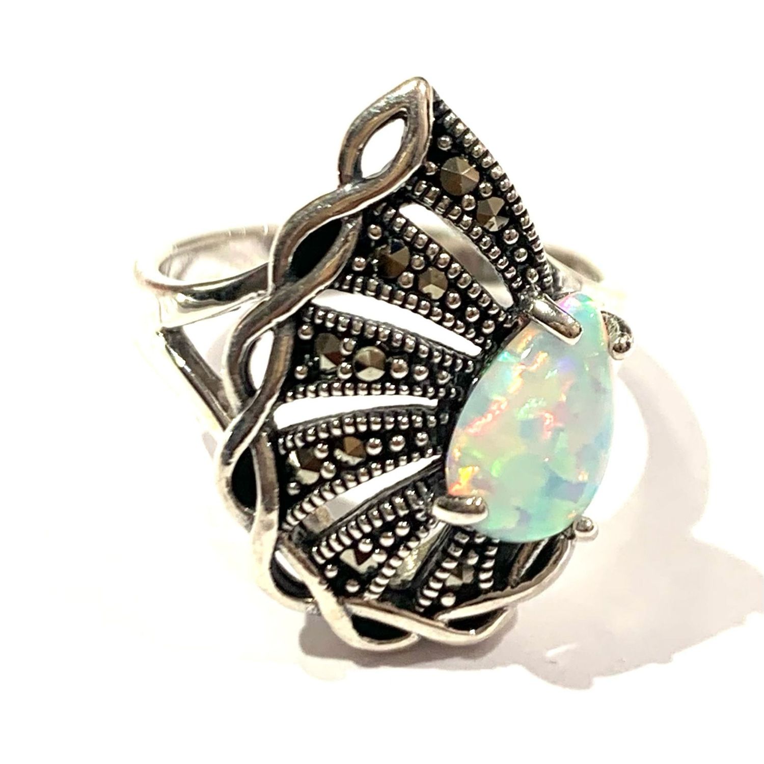 New Silver Marcasite and Gilson Opal Ring