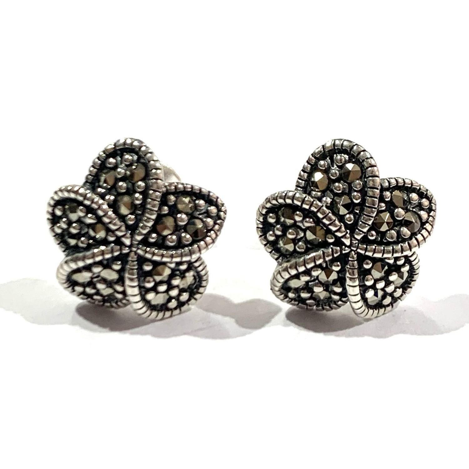New Silver Marcasite Flower Stud Earrings