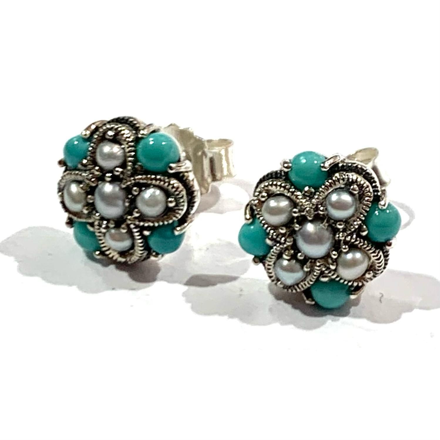 New Silver Turquoise and Pearl Stud Earrings