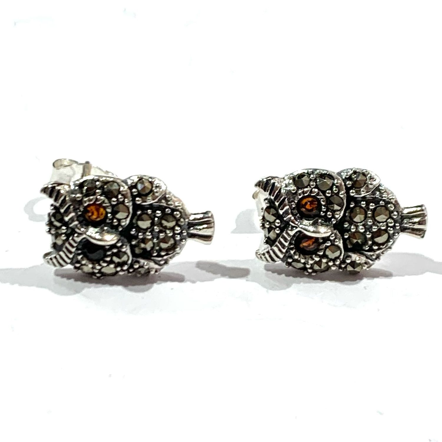 New Silver Marcasite Owl Stud Earrings