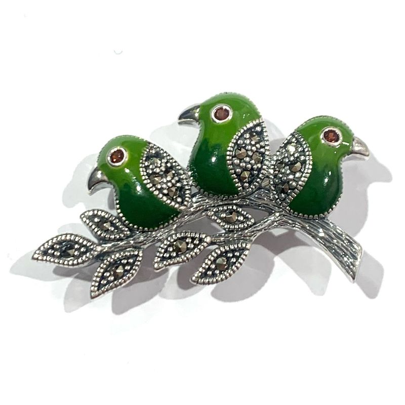 New Silver Enamel and Marcasite Bird Brooch