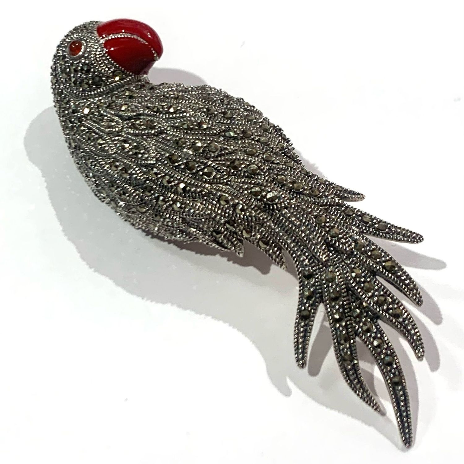 New Silver Marcasite Enamel Parrot Brooch