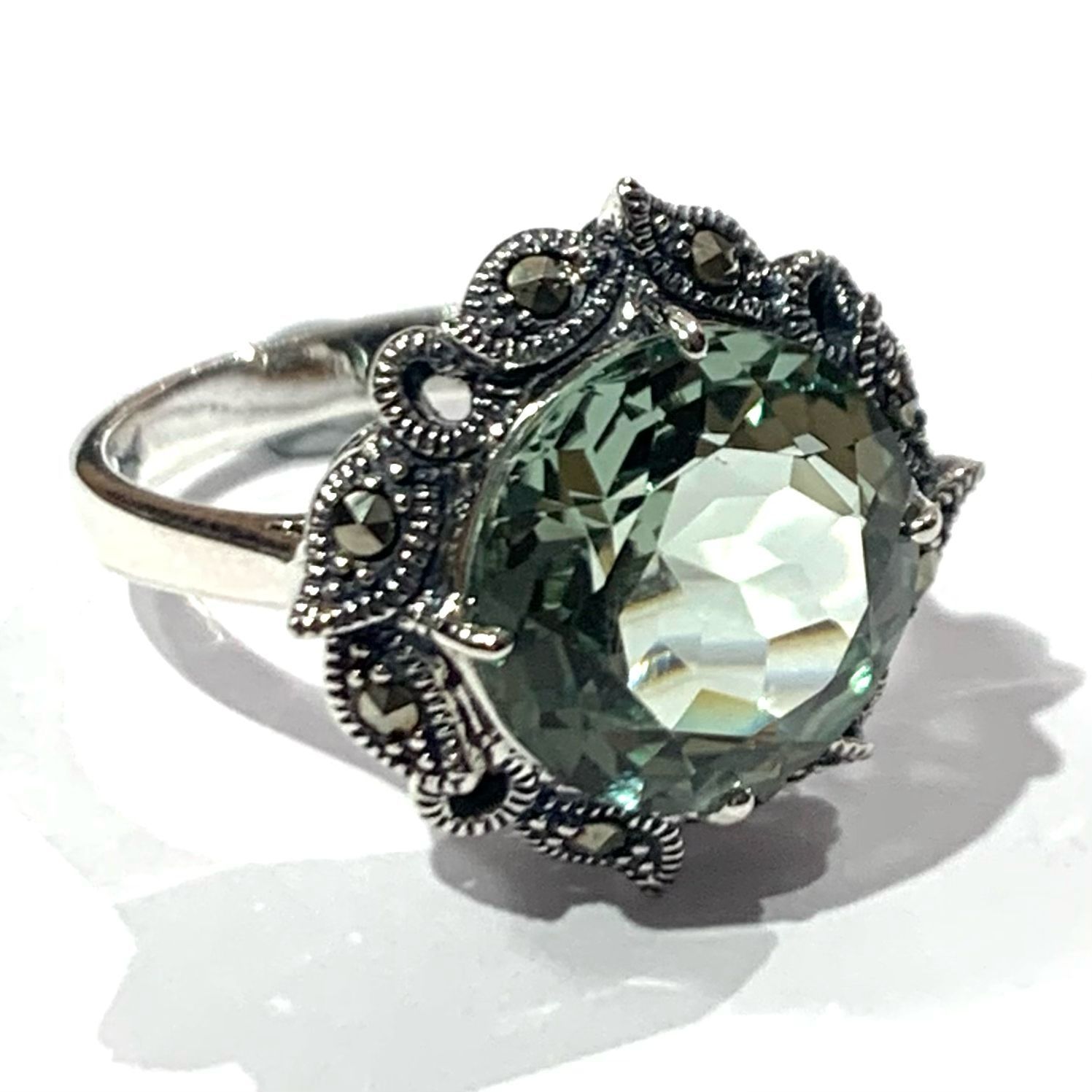 New Silver Marcasite and Green Amethyst Ring, UK Size N 1/2