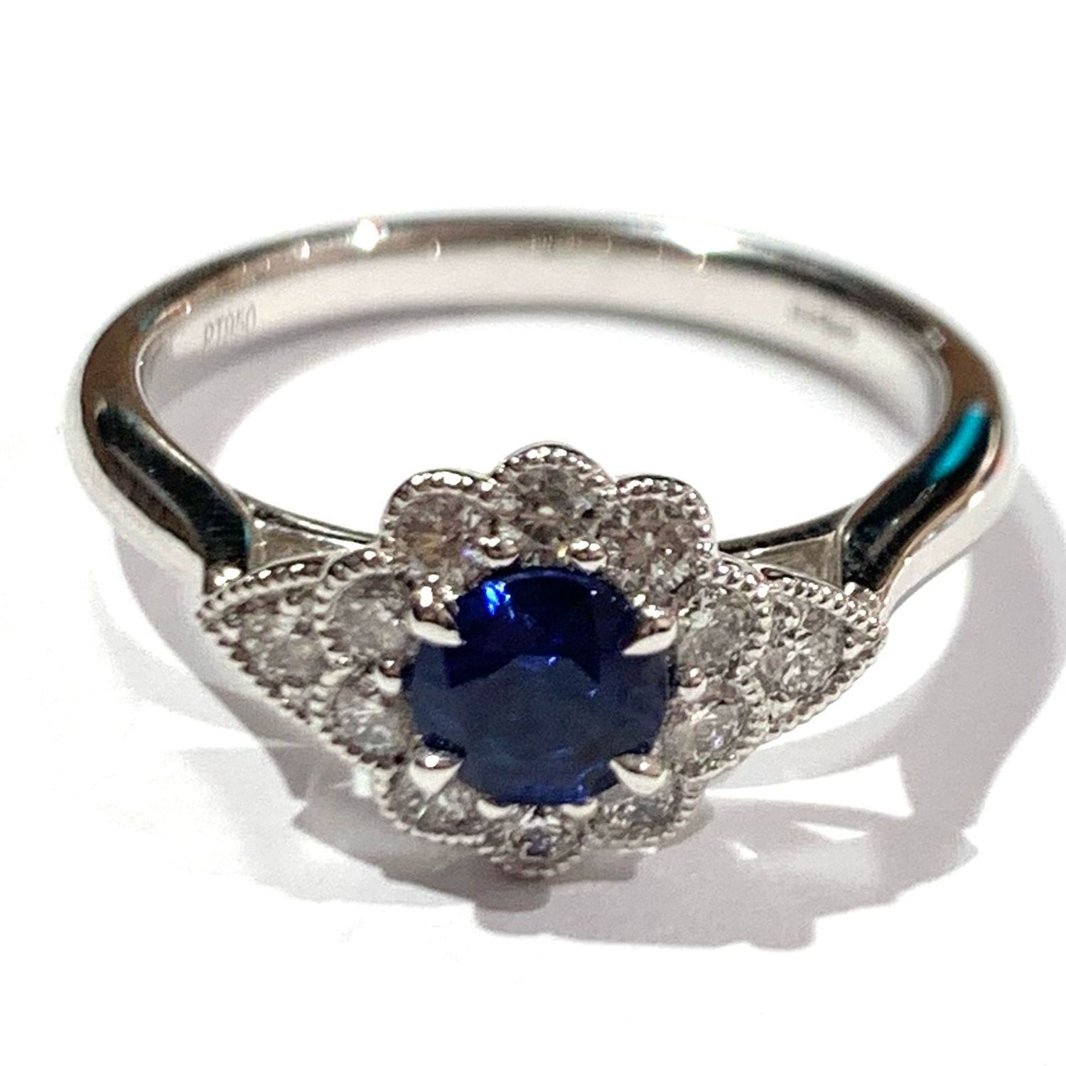 New Platinum Sapphire and Diamond Cluster Ring, UK Size N