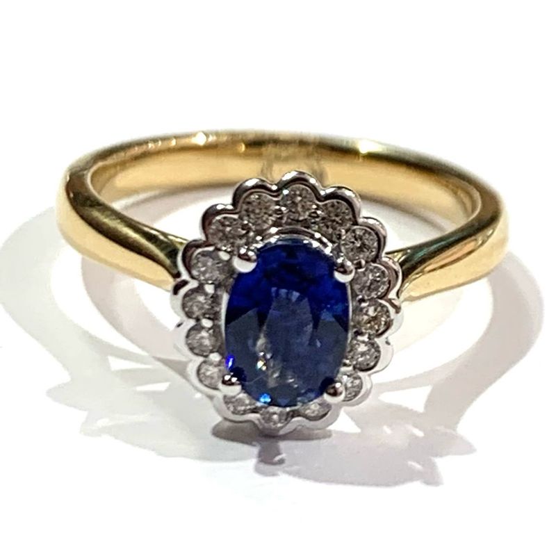 New 18ct Yellow Gold Sapphire and Diamond Cluster Ring, UK Size M 1/2