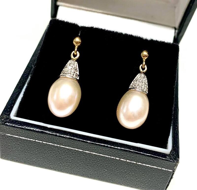 9ct Yellow Gold Pearl & Diamond Drop Earrings