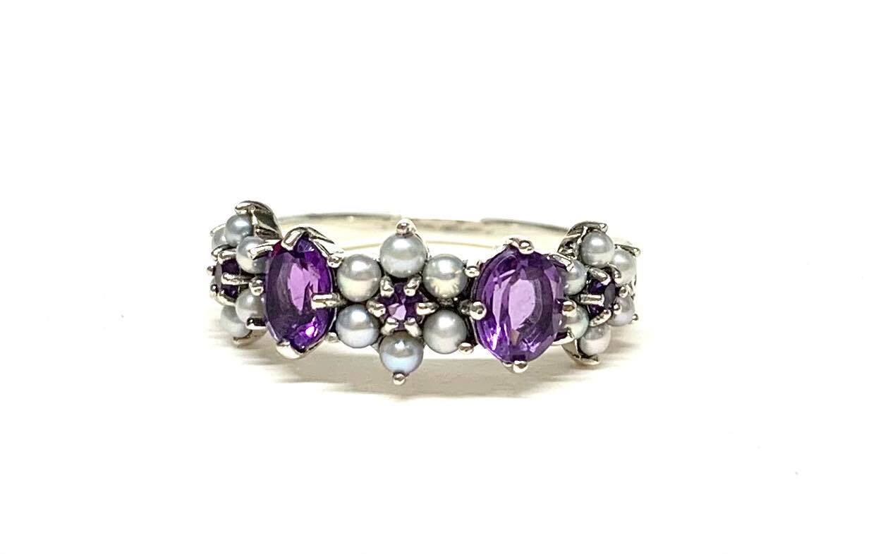 New Silver Amethyst & Pearl Ring, UK Size L