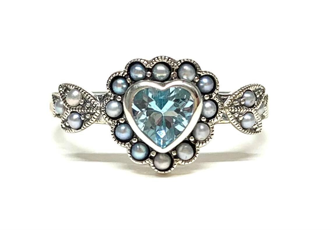 New Silver Blue Topaz & Pearl Ring, UK Size N 1/2 New Silver Blue Topaz & Pearl Ring, UK Size N 1/2
