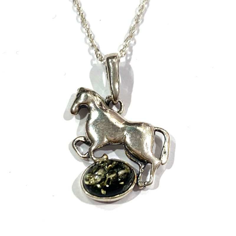 Silver Green Amber Horse Pendant