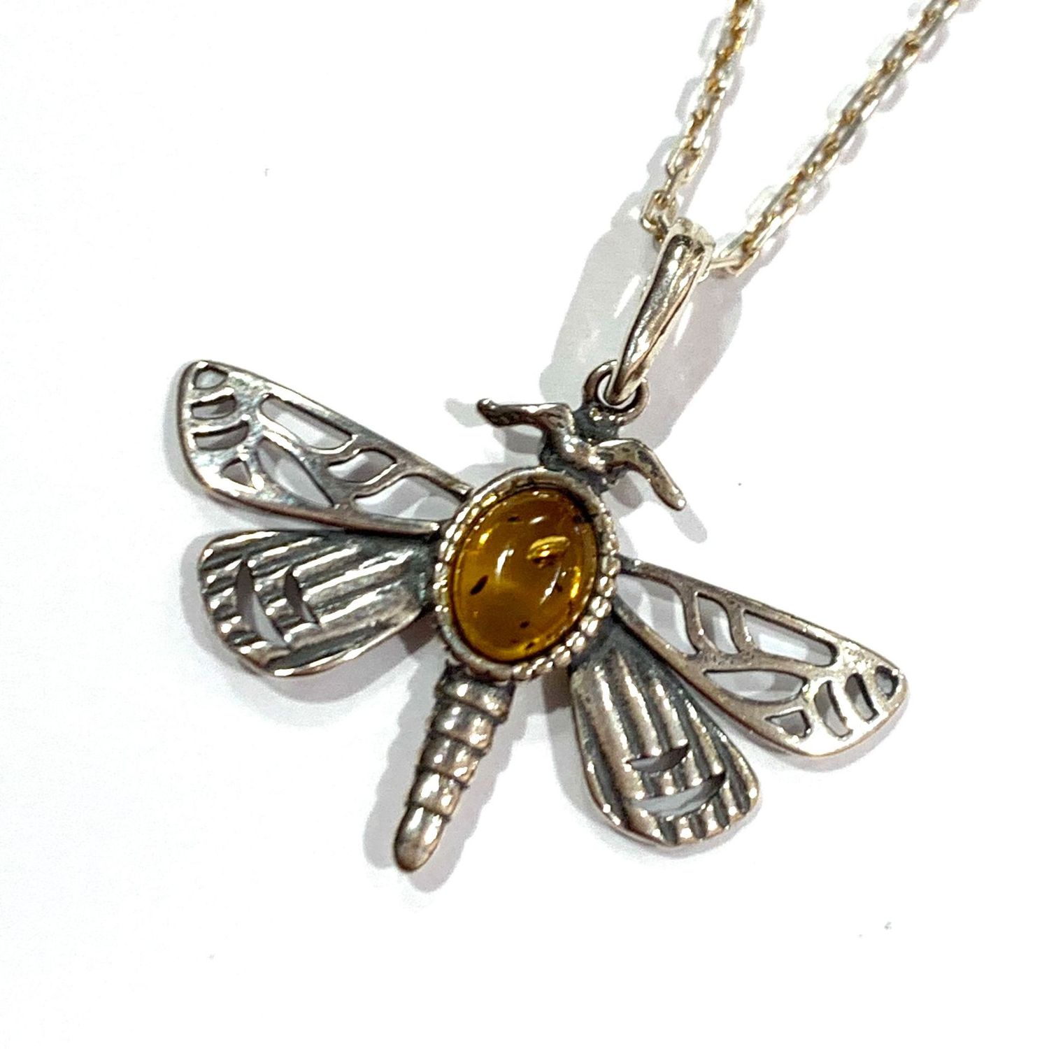 Silver Amber Dragonfly Pendant
