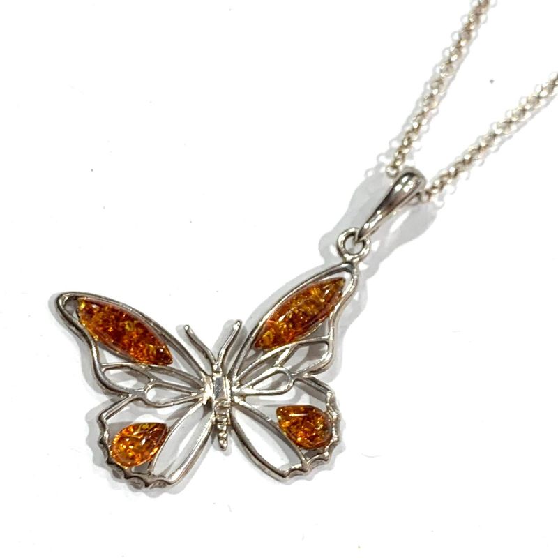 Silver Amber Butterfly Pendant
